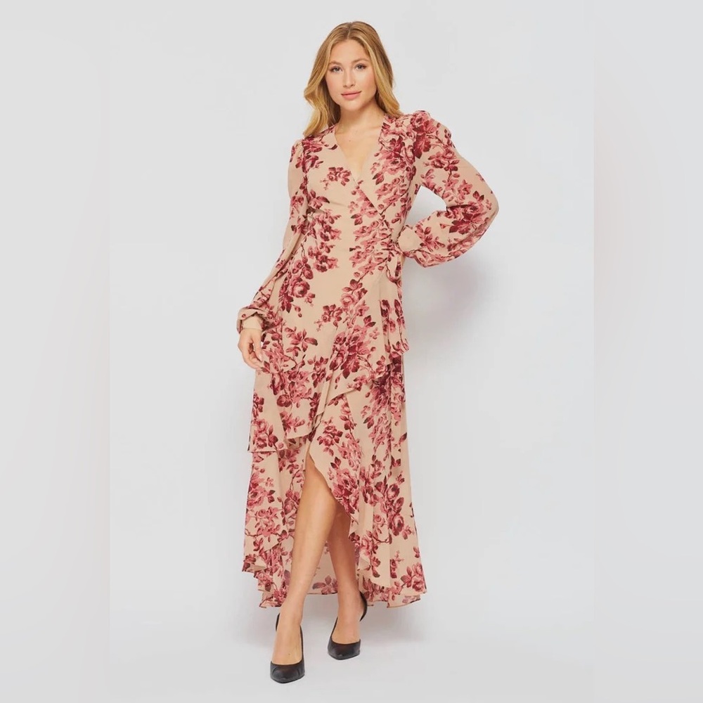 Floral Print Woven Long Sleeve Wrap Dress